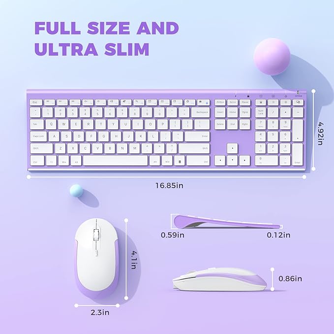 Wireless Keyboard and Mouse, Vssoplor 2.4GHz Rechargeable Compact Quiet Full-Size Keyboard and Mouse Combo with Nano USB Receiver for Windows, Laptop, PC, Notebook-Lavender Purple