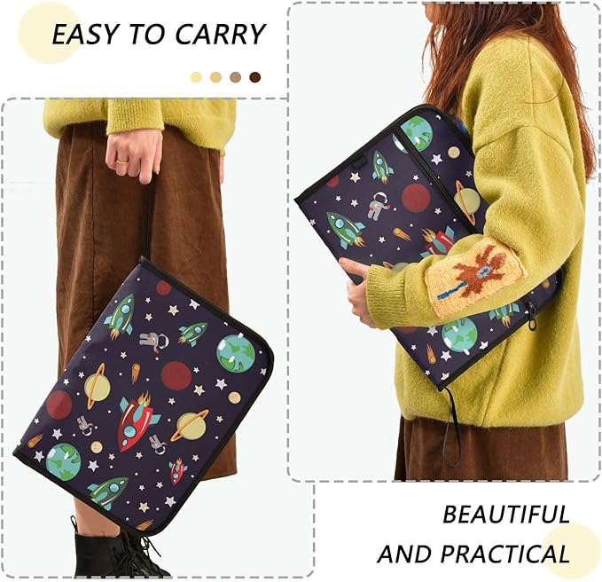 Expanding File Folder - Rocket Planets Star Astronaut 13 Pocket Accordion File Folders with Sticky Labels, A4 Letter Size Paper Document Organizer with Zipper Closure for Office School Boys Girls