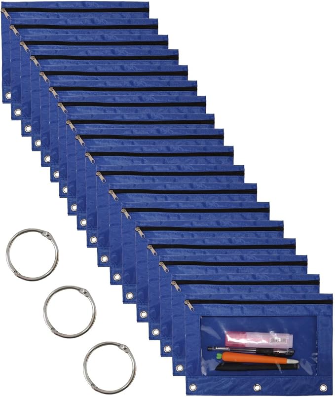 18-Packs 3 Ring Pencil Pouch with Clear Window School Classroom Binder Pocket Case Office Stationery Bag Blue