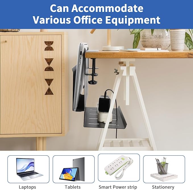 LUKETURE Desk Side Storage, Laptop Holder with Cable Management Tray, 2 in 1 Steel Under Desk Laptop Mount, Table Organization, Space Saving Table Accessories for Office and Home (Black)