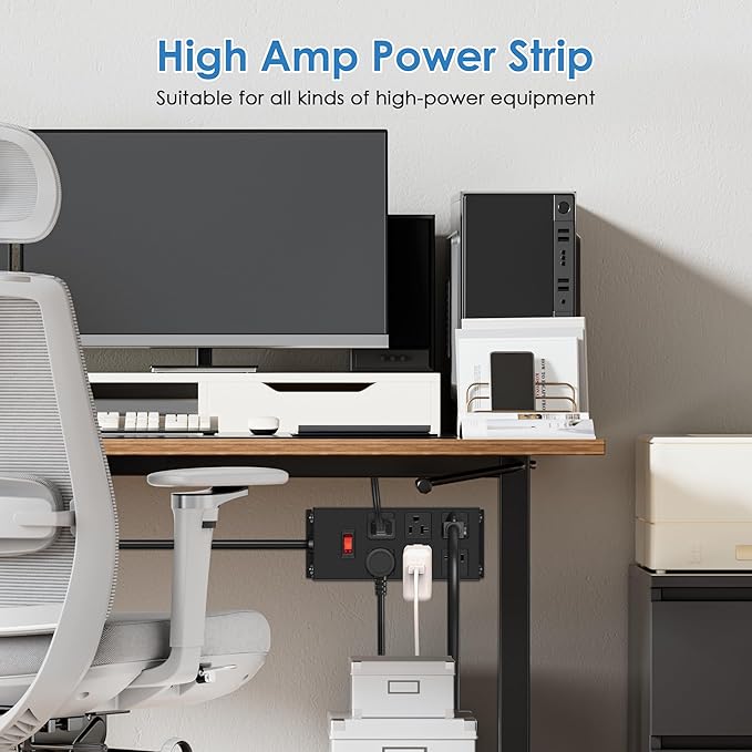 JUNNUJ Heavy Duty 20 Amp Power Strip, Garage 6 Outlets Metal 12 Gauge Surge Protector 3000J, High Amp 5-15P Adapter Shop 6-20R T-Slot Industrial (6AC, 10FT)