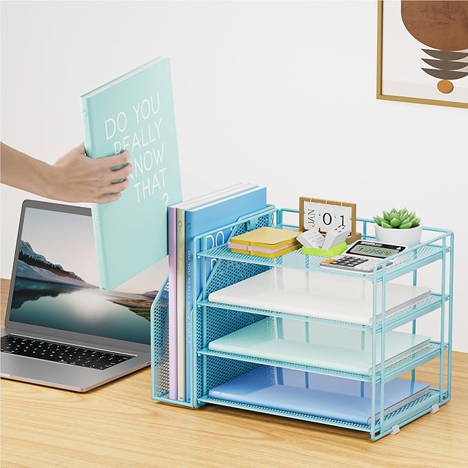 Marbrasse Desk Organizer and Accessories，4-Tier Paper Letter Tray Organizer with File Holder，Desk Accessories & Workspace Desktop Organizers for School Home Office Supplies (Blue)