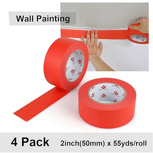 BOMEI PACK Red Painters Tape 2 inch Wide, Medium Adhesive Red Masking Tape Bulk Multi Pack, Residue-Free Wall Trim Tape, 2 inch x 55 Yards x 4 Rolls (220 Total Yards)