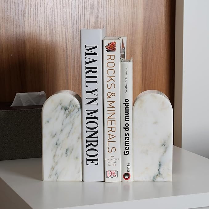 Koville Natural Marble Bookends for Shelves, 7lbs Heavy-Duty Marble Book Holders, Decorative Book Ends, Bookshelf Apartment Decor for Normal Books/CD/Video Games