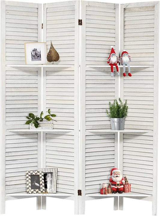 NicBex 4 Panel Room Divider 5.6FT Louvered Design Room Dividers with Display Storage Shelves Folding Privacy Screens Portable Freestanding Partition Wall Dividers for Home Bedroom Office, White