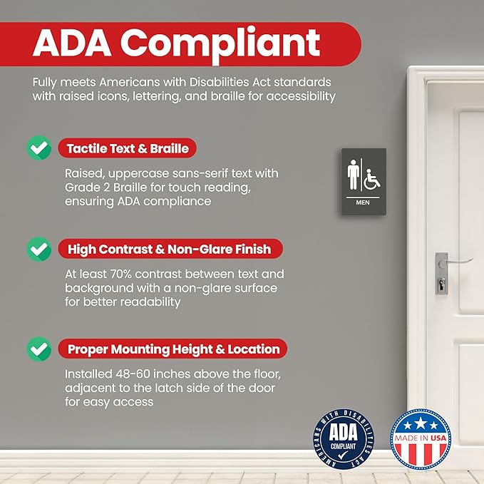 Promot Men and Women Handicap Restroom Sign – ADA Braille Bathroom Sign for Business, Self-Adhesive, 9" x 6", Commercial Door Signage, Office Wall Decor - Grey