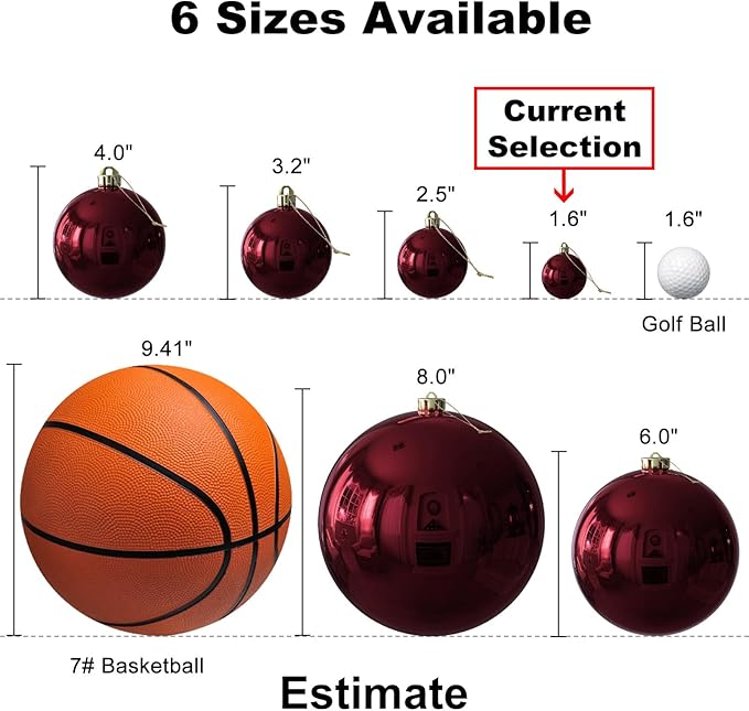 Maroon 1.6" Small Christmas Balls Christmas Tree Decoration Ornaments Shatterproof Hanging Balls for Birthday Halloween Holiday Wedding Decorations Set of 24pcs