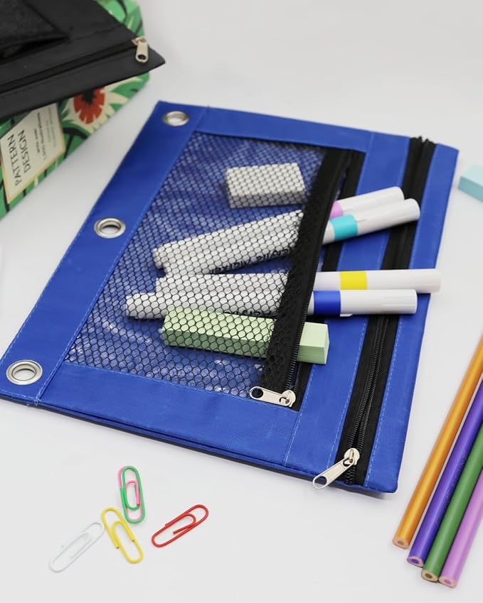 3 Ring Binder Pencil Pouch - School Pencil Case with 2 Zippered Pockets, Clear Mesh Window Pencil Bag, B5 Size, Back to School Gifts (Blue)