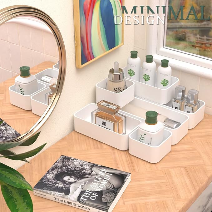 CHANCETSUI 6 PCS Stackable Drawer Organizers Set, Versatile Desk and Vanity Drawer Organizer Trays, Storage Bins for Makeup, Bathroom, Bedroom, Kitchen and Office, White