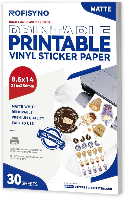 8.5x14 Printable Vinyl Sticker Paper Waterproof, Removable Self Adhesive Vinyl Sticker Sheets for Inkjet and Laser printer, 30 Pack, Legal Size, Matte White