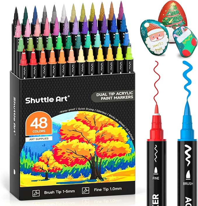 Shuttle Art 48 Colors Dual Tip Acrylic Paint Markers, Brush Tip and Fine Tip Acrylic Paint Pens for Rock Painting, Ceramic, Wood, Canvas, Plastic, Glass, Stone, Calligraphy, Card Making, DIY Crafts