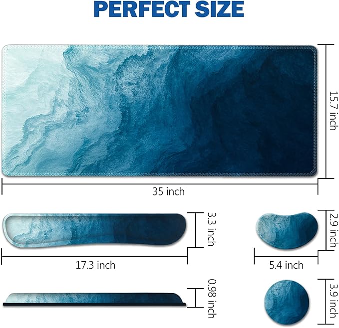 AIMSA Large Gaming Mouse Pad Set, Keyboard Wrist Rest Support + Extended Mouse Pad + Mouse Wrist Cushion + Coaster, Ergonomic Memory Foam Multifunctional Desk Mat 35x15.7inch (Dark Blue Waves)