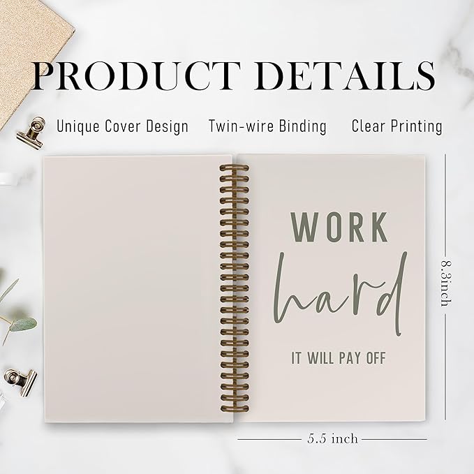 QLMX Work Hard Motivational Spiral Notebook, Inspirational Journal Notebook, Beige Motivational Gifts Notebooks for Work, Inspirational Office Supplies Gifts for Women Men Coworkers Employee, 5.5x8.3