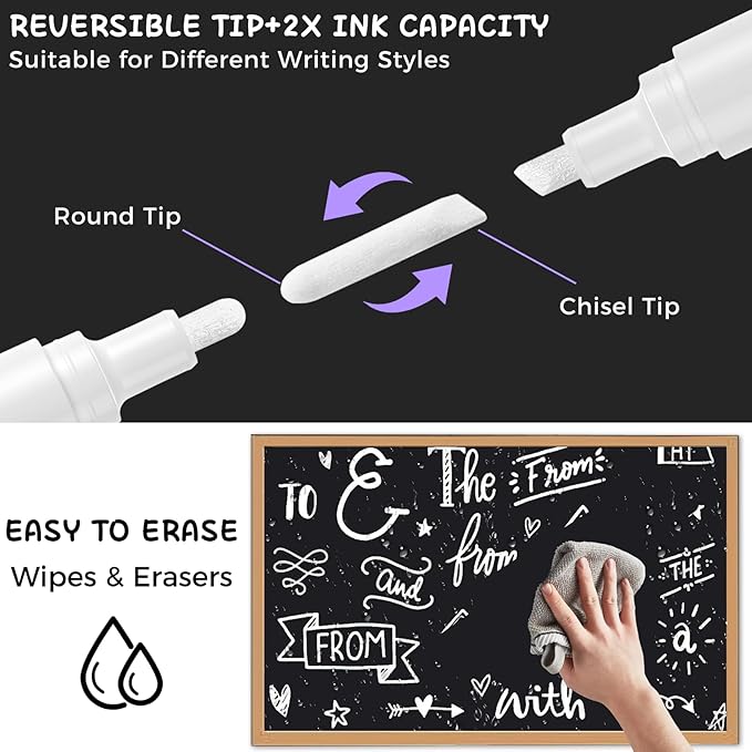 SFAIH White Liquid Chalk Markers - 6 Wet Erase Chalkboard Markers for Signs, Windows, Glass, Chalk Pens with 20 Chalkboard Labels, Reversible Tips - 4.5-6mm Reversible Bullet & Chisel Tips, Non Toxic