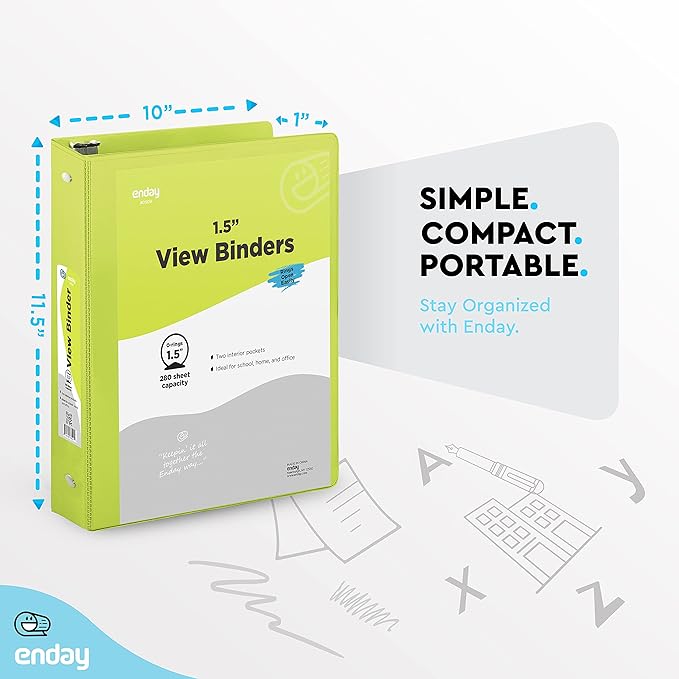 3 Ring Binder Green, 1.5 Inch Clear View Cover with 2 Inside Pockets Binder, Colored School Supplies 1 ½ Inch Round Ring Binders, Also Available in Red, Blue, Purple, Pink, and Grey (6 PC) – by Enday