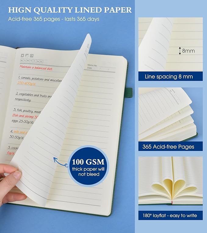 A4 Lined Journal Notebook，365 Page Large Leather Journals for Writing Women Men，Hardcover Notebook with 100Gsm Thick Pages for Travel，Work，School，College Ruled, Daily Diary (8.5" x 11.4")