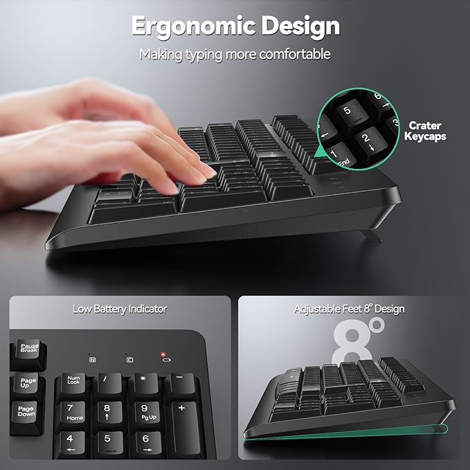 TECKNET Wireless Keyboard and Mouse Combo, Full Size Silent Ergonomic Keyboard and Mouse, Long Battery Life, Optical Mouse, Spill-Resistant, 2.4G Lag-Free Cordless Mice Keyboard for PC,Laptop,Computer