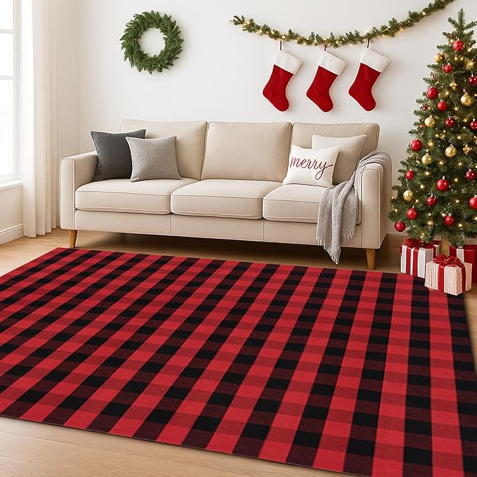 Ckorzen Red and Black Plaid Rug, 8' x 10' Christmas Front Porch Outdoor Rug, Handwoven Cotton Washable Rug for Layered Door Mats, Holiday Entryway and Home Décor