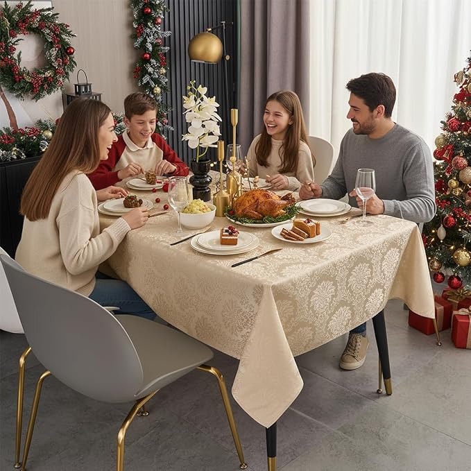 Romanvicky Christmas Jacquard Tablecloth Gold Flower Pattern Rectangle Table Cloth Spill Proof Wrinkle Resistant Polyester Table Cover for Dining, Kitchen, Thanksgiving Decoration, 60 x 120 Inch