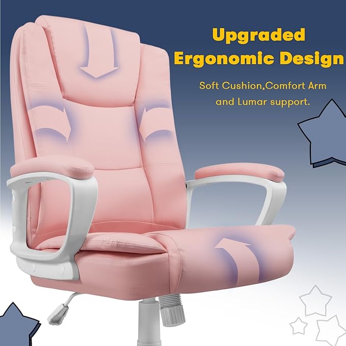OFIKA Home Office Chair, Ergonomic Desk Chair, Adjustable Task Chair for Lumbar Back Support, Computer Chair with Rolling Swivel and Armrest, Modern Executive High Back Leather Chairs (Pink)
