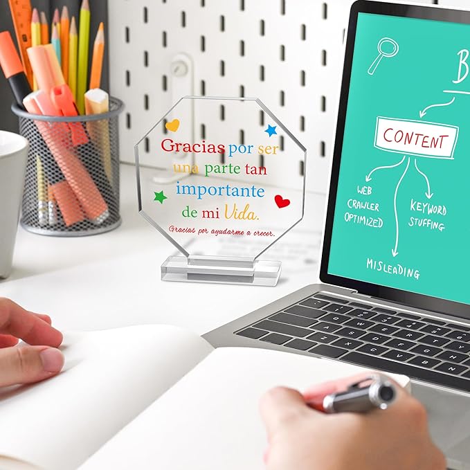 Yopyame Spanish Teacher Appreciation Gift - Regalos para Maestra Acrylic Plaque Octagonal Shape Acrylic Sign for Teacher’s Day Best Gift Keepsake Paperweights Gift for Teacher Birthday Gift in Spanish