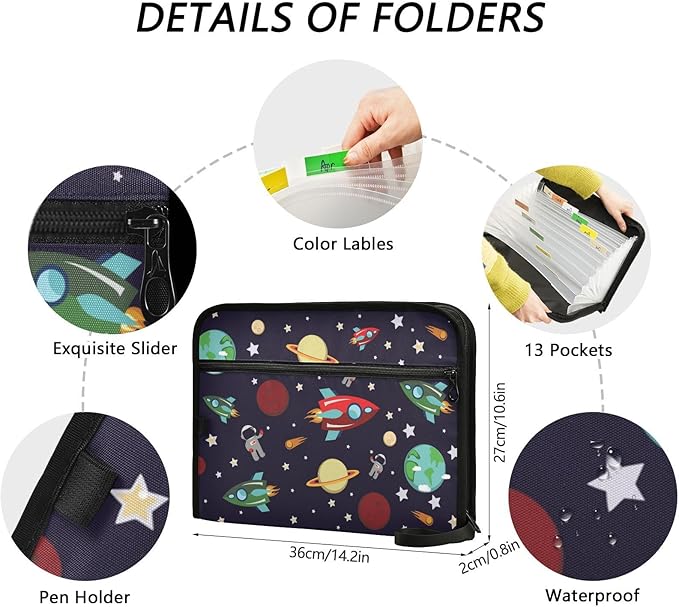 Expanding File Folder - Rocket Planets Star Astronaut 13 Pocket Accordion File Folders with Sticky Labels, A4 Letter Size Paper Document Organizer with Zipper Closure for Office School Boys Girls