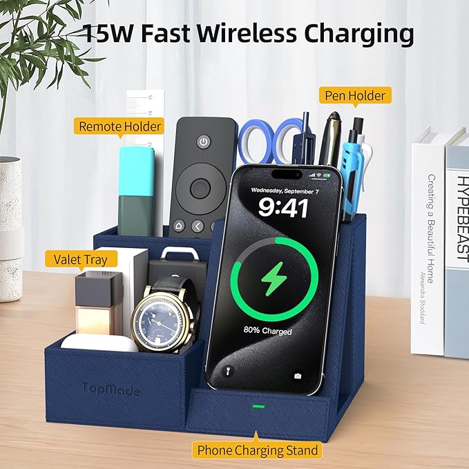 TopMade Wireless Charger with Desk Nightstand Organizer, Leather Pen Pencil Holder Bedside Fast Charging Station, for iphone Charging Stand Office Supplies Desk Accessories, Gifts for Men(Blue)