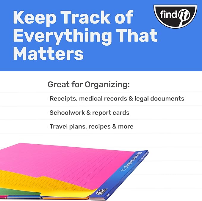 Find It File Folder Notepad - Pack of 12-9.5 x 12.5 Inch Notebook Organizer Folders for Filing, Document, and Clipboard Organization - Assorted Neon Colors