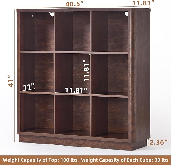 9 Cube Bookshelf, 41" Tall Organizer Bookcase with Curved Edge, Wood Floor Standing 3-Tier Cubby Book Shelf with Base, Vinatge Display Storage Cabinet for Living Room, Home Office, Walnut