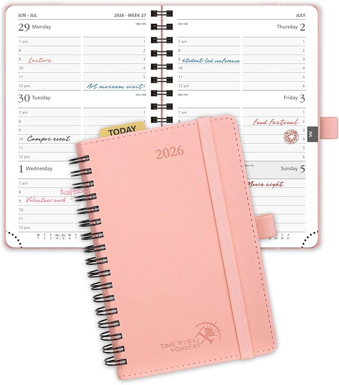 POPRUN Pocket 2026 Planner (Small Size- 4'' x 6.25'') Weekly and Monthly for Purse - Calendar 2026 (Jan. 2026 - Dec.2026) with Soft Cover, Plastic Ruler - Pink