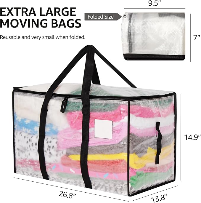 Moving Bags Heavy Duty Extra Large, Alternative for Moving Boxes & Moving Supplies,Clear Storage Bins with Lids, Plastic Packing Tote, Storage Bags for Clothes with Handles & Zippers(Clear, 10 Pack)