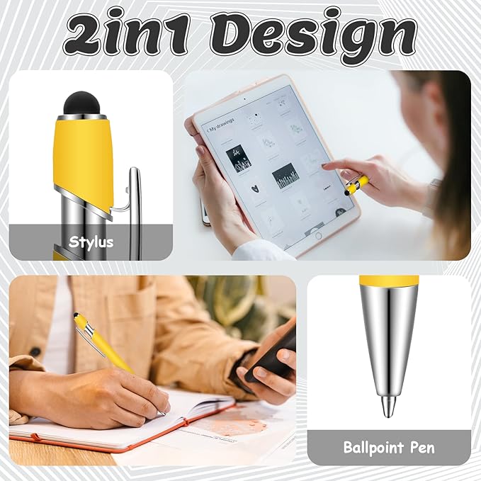 12 Pieces Ballpoint Pen with Stylus Tip, 1.0 mm Black Ink Metal Pen Stylus Pen for Touch Screens, 2 in 1 Stylus Ballpoint Pen (Yellow and Silver)