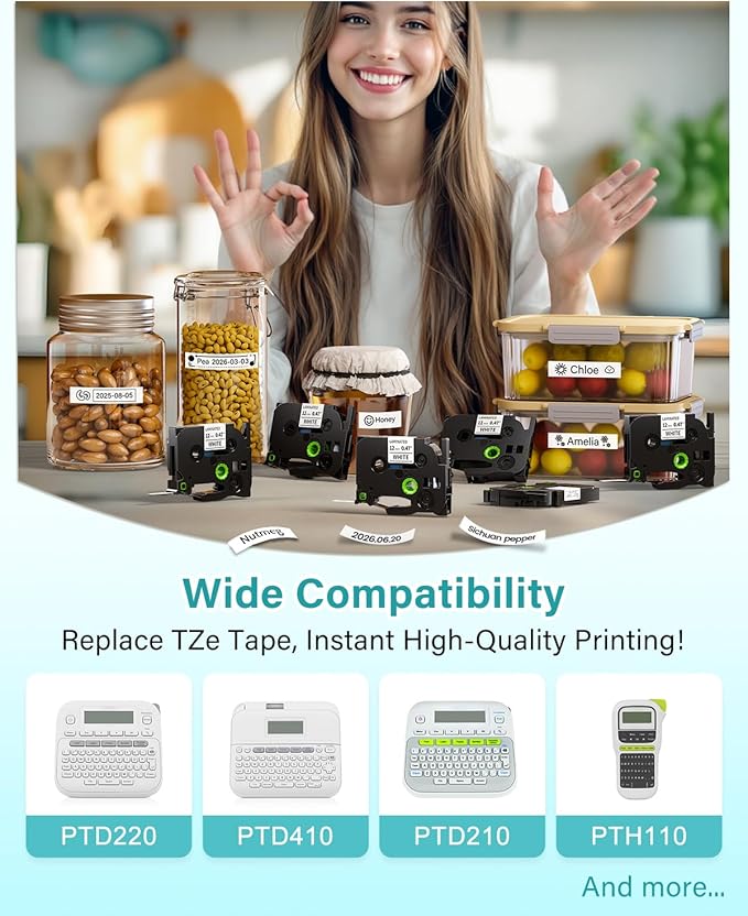 Label Tape for PT-1180 1280 1750 1890 2040 1090 1290 P300BT Compatible with Brother P touch Label Maker TZe-231 TZe231 12mm 0.47 Inch Laminated Black on White Ptouch tape 1/2"x 26.2' (12 mm x 8m), 8PK