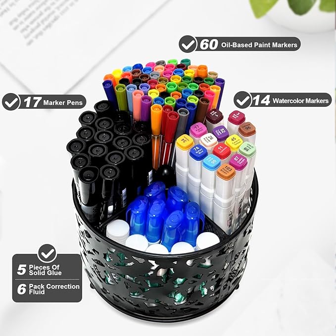 360 Degree Rotate Pen Holder for Desk Mesh Desk Pen Organizer Pencil Holder Large Capacity Accessories & Workspace Organizers for School,Home (Black bird lace pattern, No hook)
