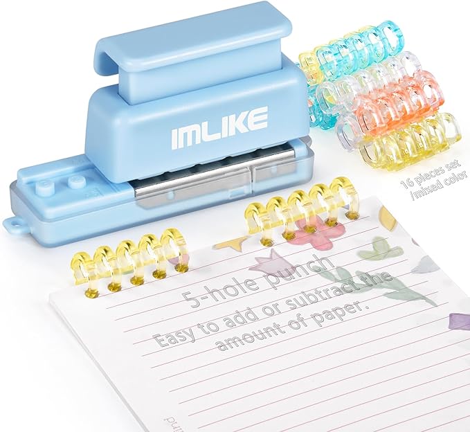 Mini 5-Hole Binding Machine - IMLIKE 5 Holes Binding Machine with 16 Loose-Leaf Binding Strips - Easy to Add or Remove Papers, 4 Sheets Capacity (A4/30 Holes, B5/26 Holes, A5/20 Holes) - Blue