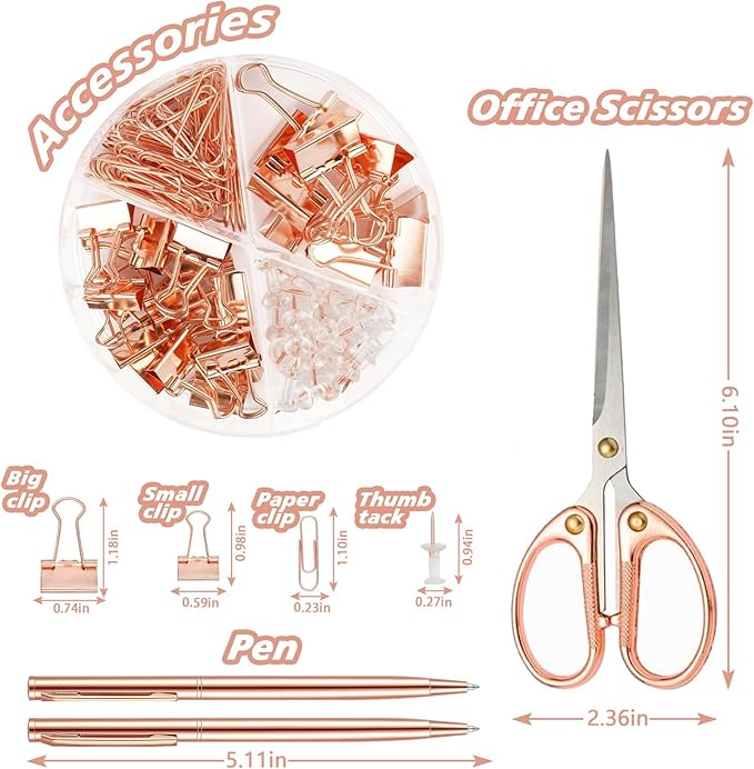 Rose Gold Office Supplies,UPIHO Rose Gold Desk Accessories,Stapler and Tape Dispenser Set with Stapler,Tape Dispenser, Staple Remover, Staples, Clips,Scissor,Pen and Sticky Notes,Gifts for Coworkers
