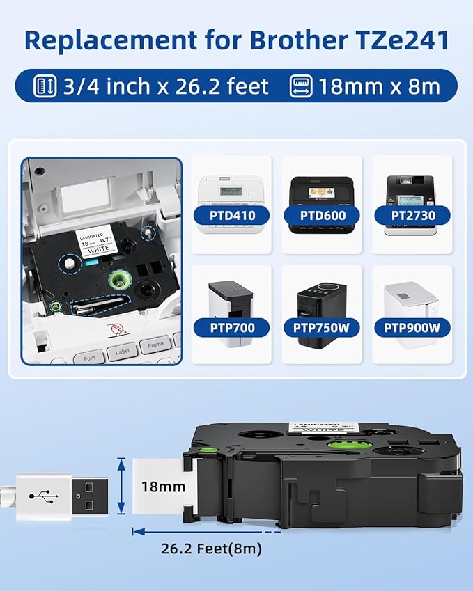 Label KINGDOM 18mm 0.7 Inch Laminated White Tape Replace for Brother Label Maker Tape TZe-241 Compatible with P Touch TZ TZe 3/4" Black on White TZE241 for PTD410 PT-D400 PT-D610BT PTD600, 3-Pack