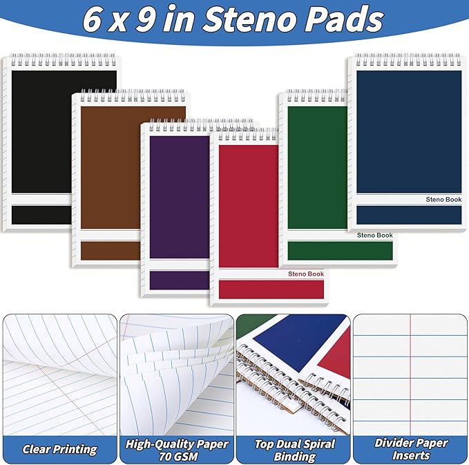 24 Pack Steno Pads 6 x 9 in Spiral Top Notebook Bulk 6 Assorted Color Note Pad 60 Sheets Gregg Rule Writing Paper Steno Notebooks for Students Teachers Men Women Professionals Office School Recording