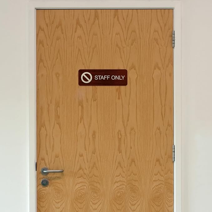 Staff Only Mahogany Sign - 3" x 9" Easy Adhesive Mount Door & Wall Sign/Professional Faux Red Wood Design/Small Business Restaurant Office School Customers Prohibited