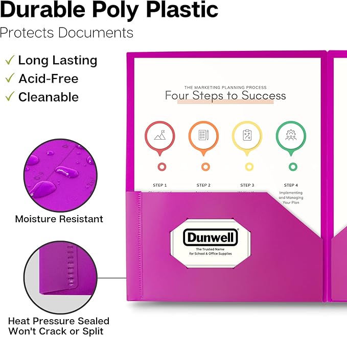 Dunwell Plastic 2-Pocket Folders (6 Pack, Assorted Colors), 8.5x11 Document Folders for School and Office, Heavy Duty Poly, Long Lasting, Includes Labels