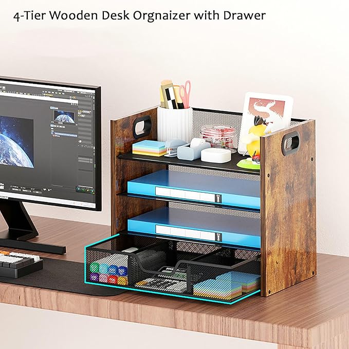 Wood Desk Organizer - 4-Tier Desktop File Organizer with Drawer, Wooden Paper Tray, Office Desk Organizer for Papers, Mail, Notebooks, Stationery