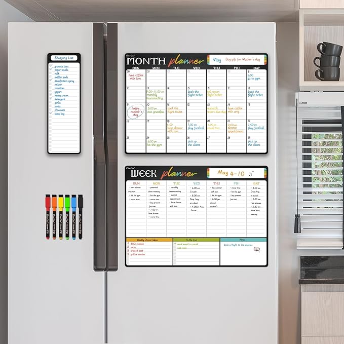 Magnetic Dry Erase Monthly Calendar Set - 17"x12" Monthly and Weekly Calendar, 4"x12" List Board for Fridge - 6 Extra Fine Point Markers Included - Shipped Flat