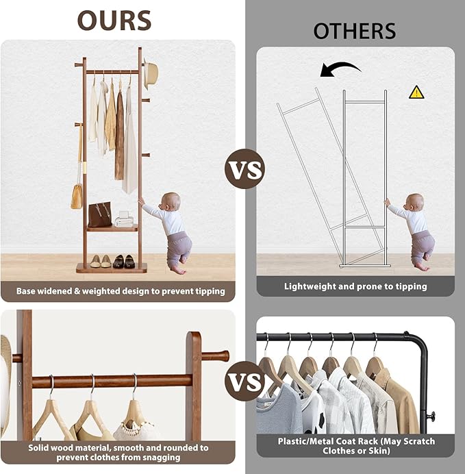 Solid Wood Coat Rack, Coat Rack Freestanding with 2 Shelves and 5 Hooks, Heavy Duty Coat Tree for Entryway，Living room，Coat Hanger Stand for Hats, Bags (Walnut Brown)