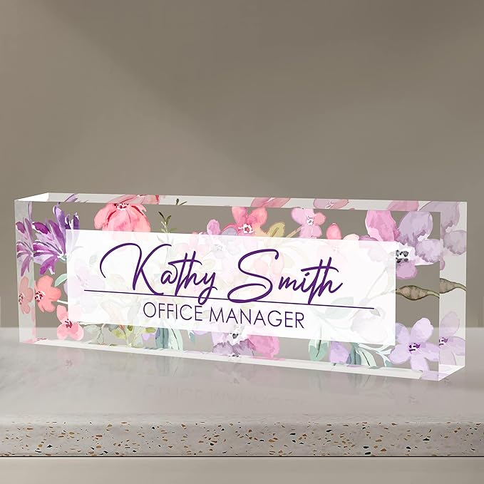 Personalized Name Plate for Desk, Custom Desk Name Plate, Acrylic Name Plate Office Desk Accessories, Personalized Office Gifts for Coworkers Teachers, Employee Appreciation Gifts (A-WaterColor3)