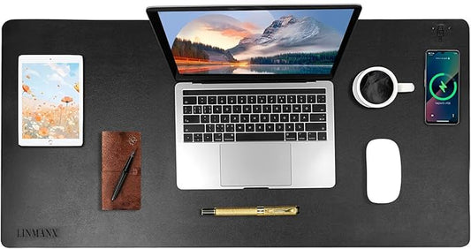 Wireless Charging Mouse Pad with for Desktop Charging Large Desk Mat 32x16 Waterproof Black Leather Computer Mat Mousepad Non-Slip Protector on Top of Desks for Keyboard and Mouse (Black-R)