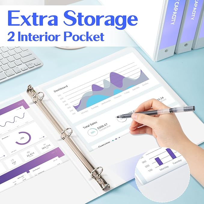 Deli 1-inch 3 Ring Binder with 2 Interior Pockets, 175 Sheets Capacity, 1 inch Binders fits 11" x 8.5" US Letter Size, White, 6 Pack