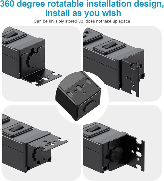 HHSOET Metal 360° Rotating Mountable Power Strip, 8 Outlet Gaming Table Mounted Outlet Strip, Heavy Duty Wall Mount Surge Protector with Switch, 15A 125V 1875W, 6ft Power Cord.(Black)