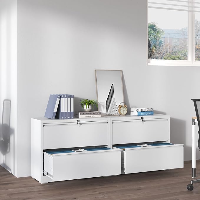 2 Drawer Lateral File Cabinets Office Metal Filing Cabinet Steel Storage Cabinet with Lock Wide Horizontal Filing Cabinets for Hanging Files Legal/Letter/A4 Size Assembly Required