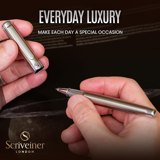 Scriveiner Stainless Steel Rollerball Pen - Stunning Luxury Metal Pen with Silver Chrome Finish, Schmidt Ink Refill, Best Roller Ball Pen Gift Set for Men & Women