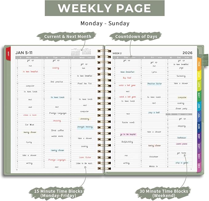 EMSHOI 2026 Appointment Book, A4 15-Minute Hourly Planner, JAN 2026 - DEC 2026, Daily Weekly Monthly, 100GSM Thick Paper, PVC Cover, Colorful Tabs - for Work, School, Salon Scheduling